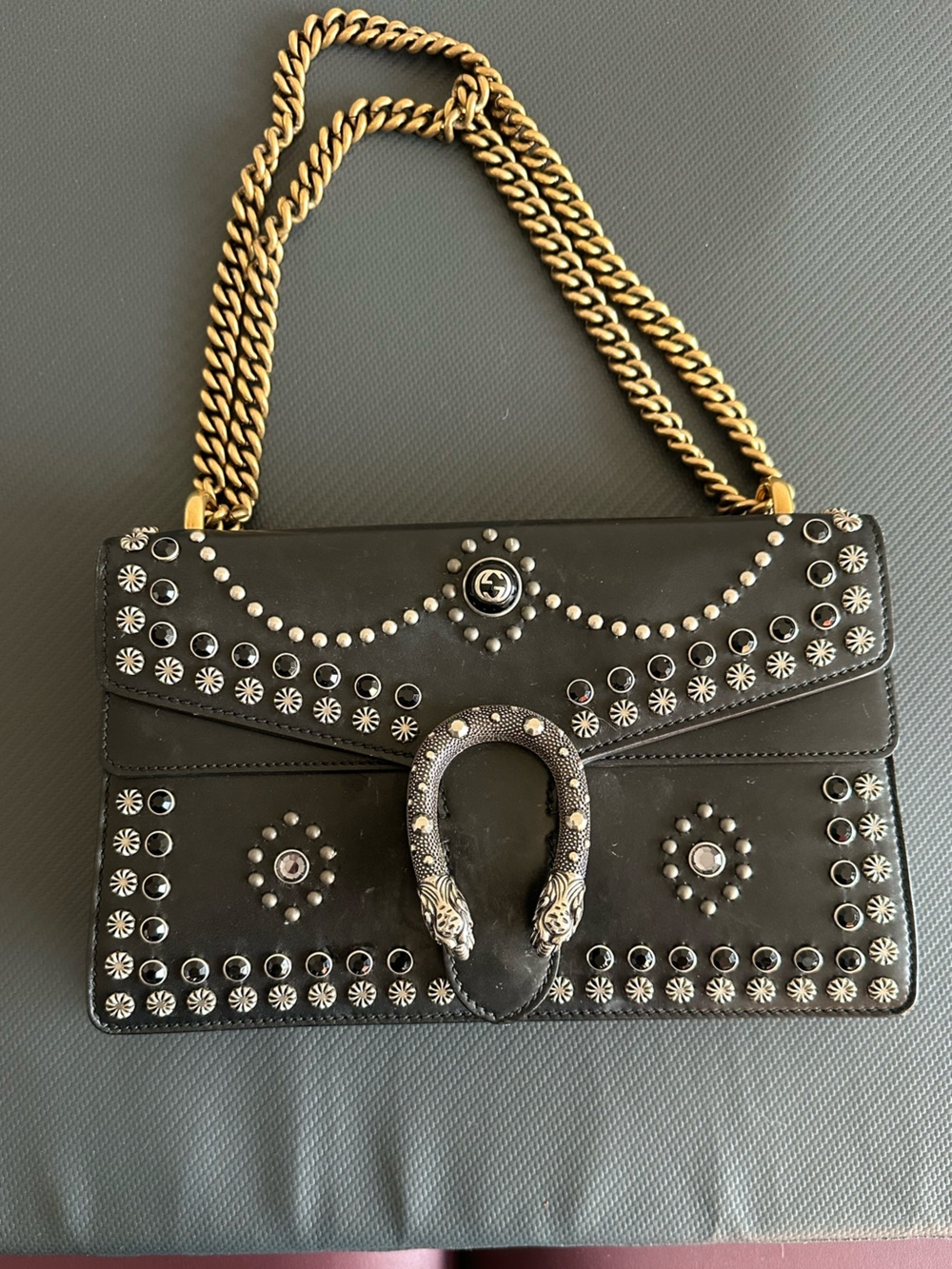 Gucci dionysus rare Black Studded Chain Shoulder Bag with Decorative Snake